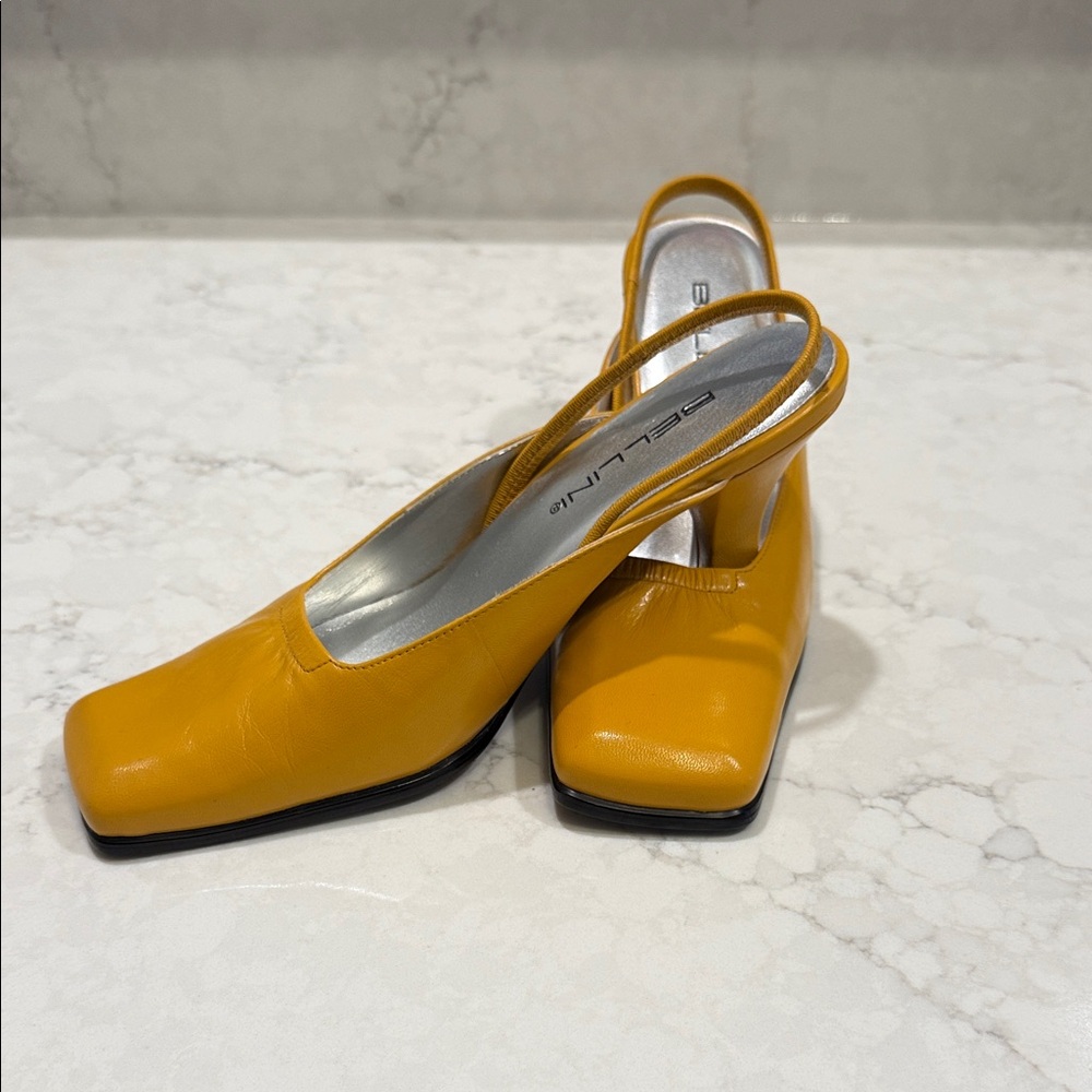 Bellini Mustard Yellow Slingback Heels with Square Toe.
